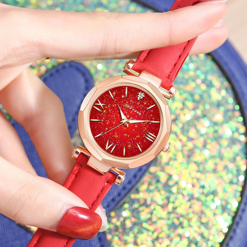Women Casual Quartz Watch Round Star Dial Wrist Watch with Perforated Frosted Strap TT@88