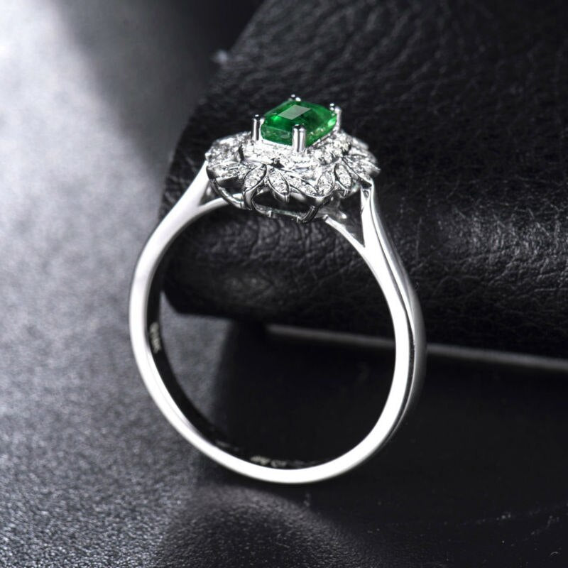 18K White Gold Emerald Ring Vintage Engagement Ring for Her