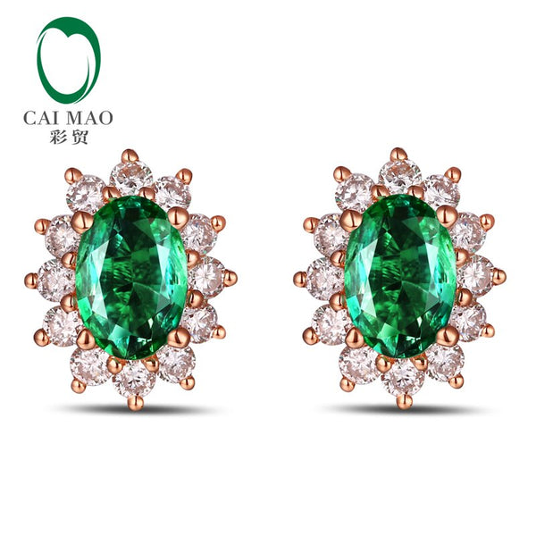 18k Rose Gold Natural Emerald Diamond Earrings Studs for Women