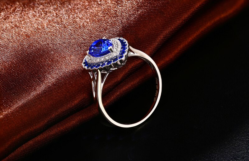 14K White Gold Pear Cut Tanzanite and Sapphire Diamond Ring for Women