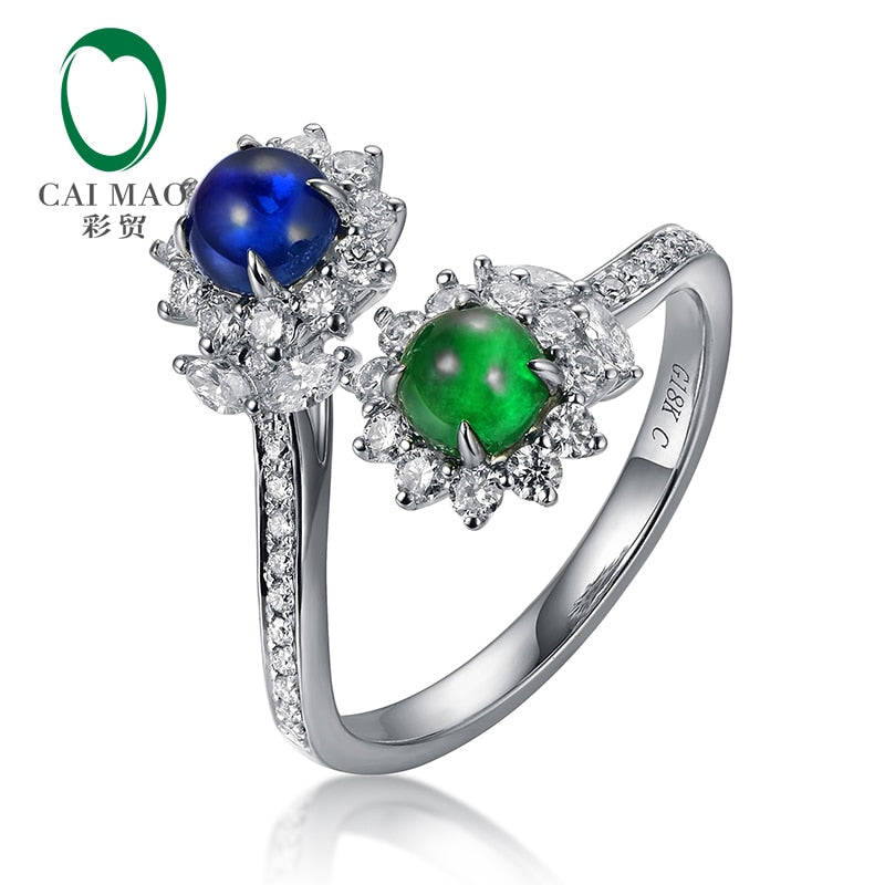 CAIMAO 18K Natural Cabochon Cut Emerald Sapphire & Brilliant Diamonds Ring