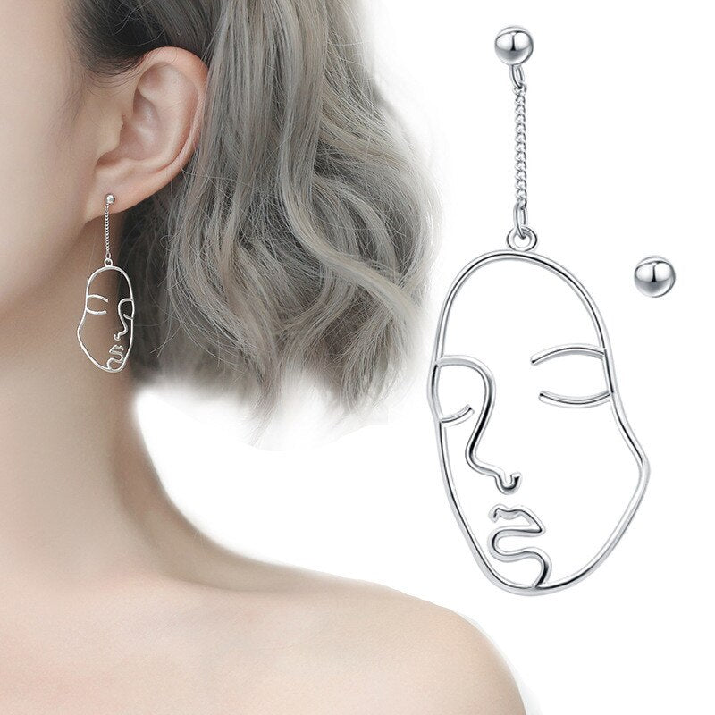 925 Sterling Silver Trendy Asymmetry Face Drop Earrings