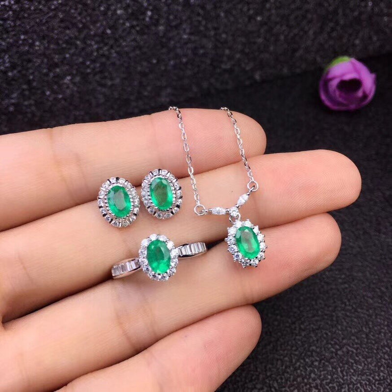 Sterling Silver Columbian Emerald Ring Earrings & Necklace Jewelry Set for Women