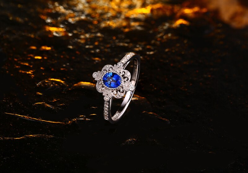 14K White Gold 0.50ct Blue Sapphire Pave Diamond Engagement Ring for Her