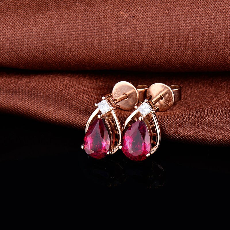 14k Rose Gold Pear Pink Tourmaline Diamond Stud Earrings for Women