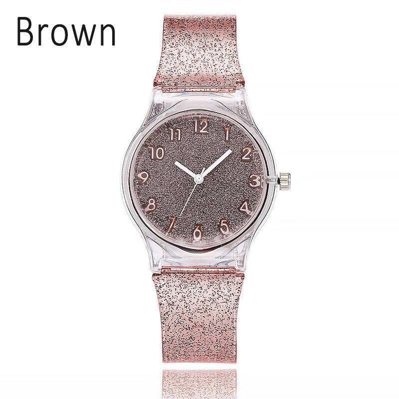 Stainless Steel Quartz Watch with Silicone Strap and Glitter Dial for Women