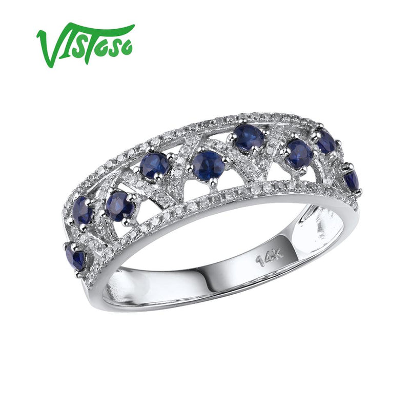 VISTOSO Genuine 14K White Gold Sparkling Diamond Fancy Blue Sapphire Ring