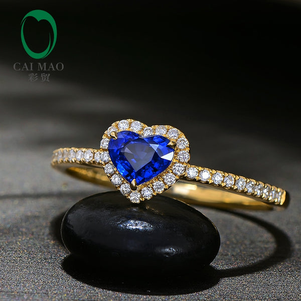 14k Yellow Gold Heart Shape 0.60ct Blue Sapphire Halo Diamond Engagement Ring for Women