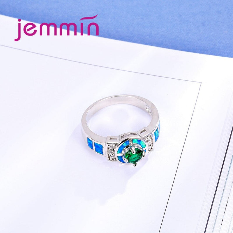 Shining Blue Fire Opal Ring 925 Sterling Silver CZ Crystal Roung Finger Rings for Women Fashion Jewelry Opal Ring