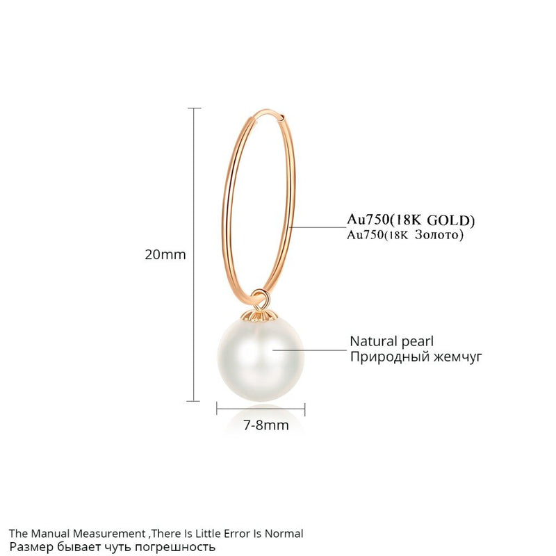 CZCITY Real 18K Gold Natural Elegant 7-7.5mm Freshwater Round Pearl Hoop Earrings