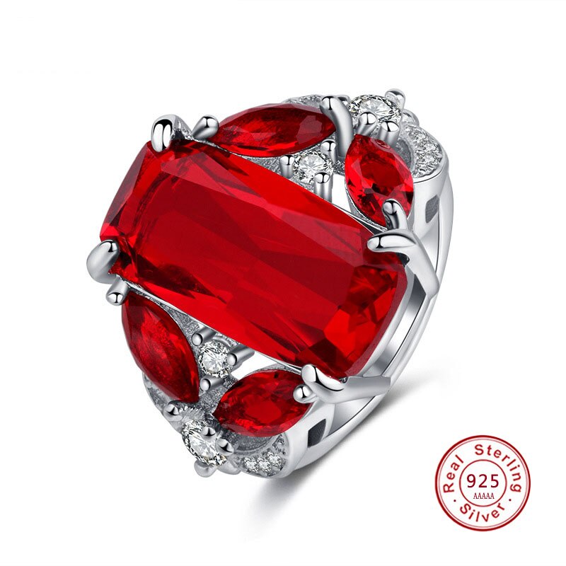 Real 925 Sterling Silver Big Red CZ Stone Ring
