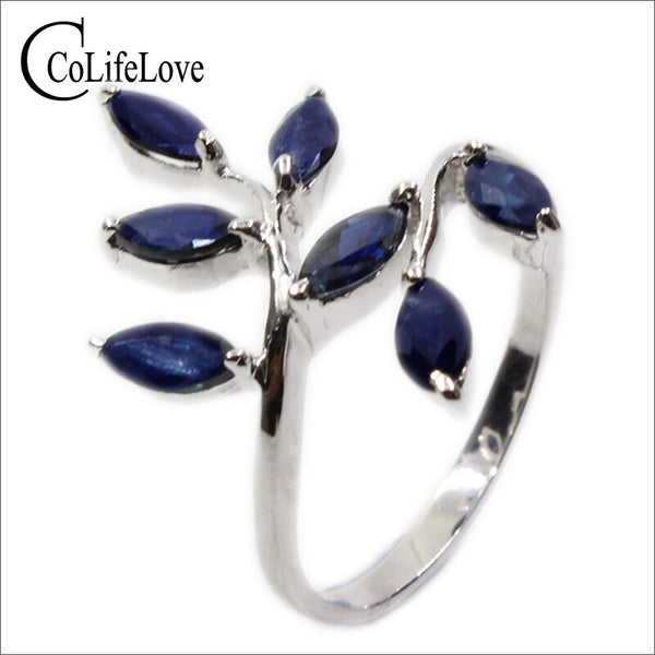 Sterling Silver Dark Blue Sapphire Leaves Ring for Women