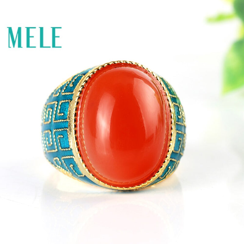 MELE 925 Sterling Silver Natural South Red Agate 13mm*18mm Trendy Ring