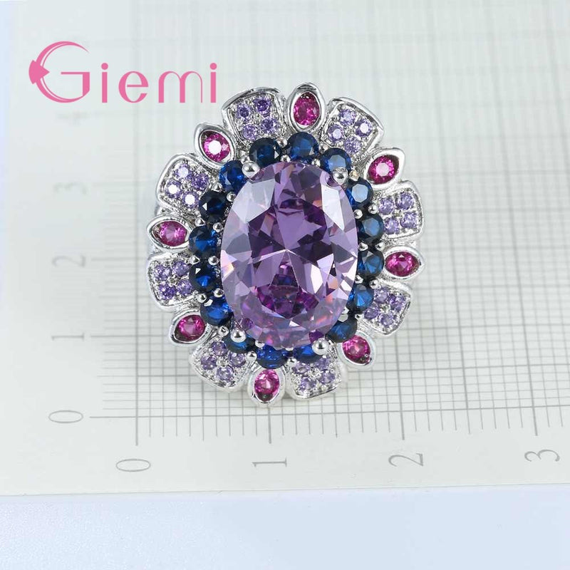 Big Sale Big Rainbow Sun Flower Ring Clear Cubic Ziron Stone Top Quality 925 Sterling Silver Jewelry for Wedding Party