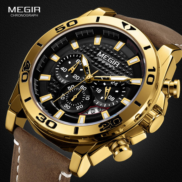 Gold Leather Strap Quartz Chronograph Watch for Men