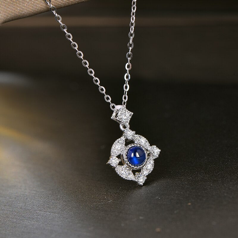 14k White Gold Sapphire and Diamond Milgrain Bezel Pendant for Her