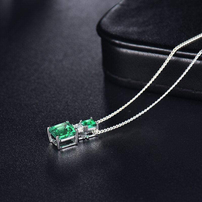 18K White Gold Princess Cut Emerald Natural Diamond Pendant for Her