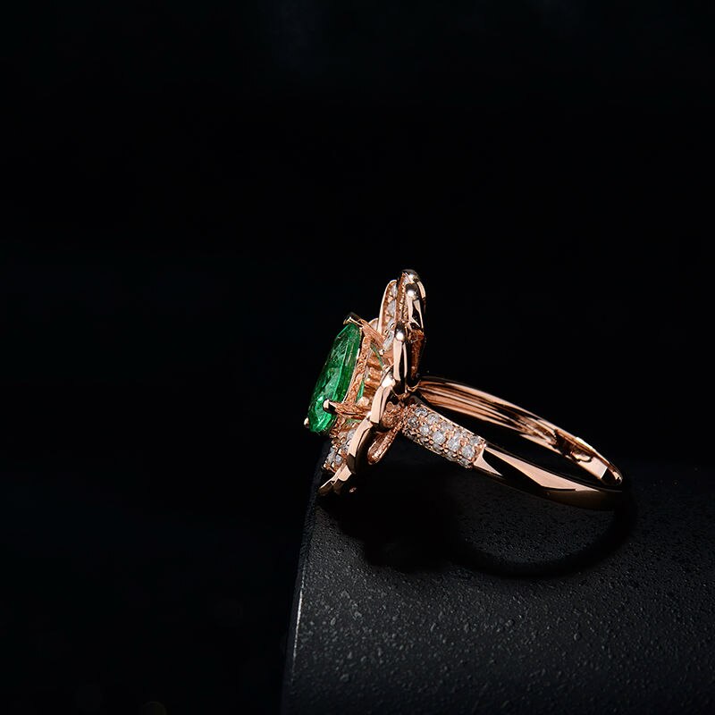 18K Rose Gold Colombian Emerald Pear Cut Engagement Ring