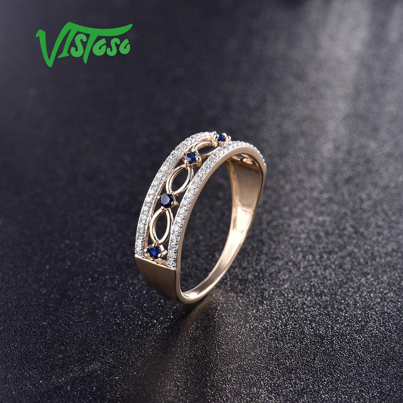 VISTOSO 14K Yellow Gold Genuine Sparkling Diamond Fancy Blue Sapphire Ring