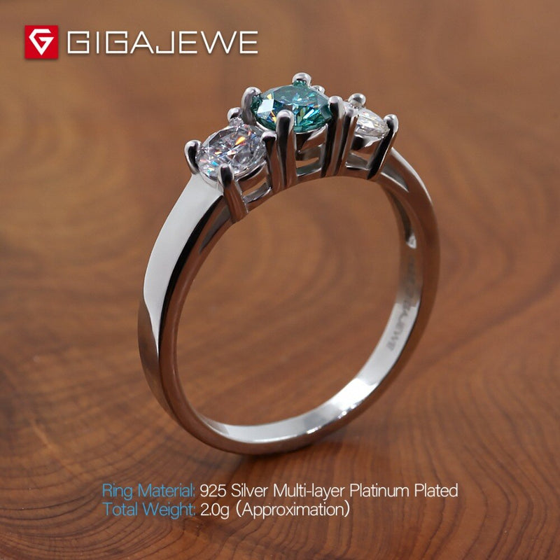 GIGAJEWE 1.0ct Green Round Cut Moissanite 925 Silver Ring