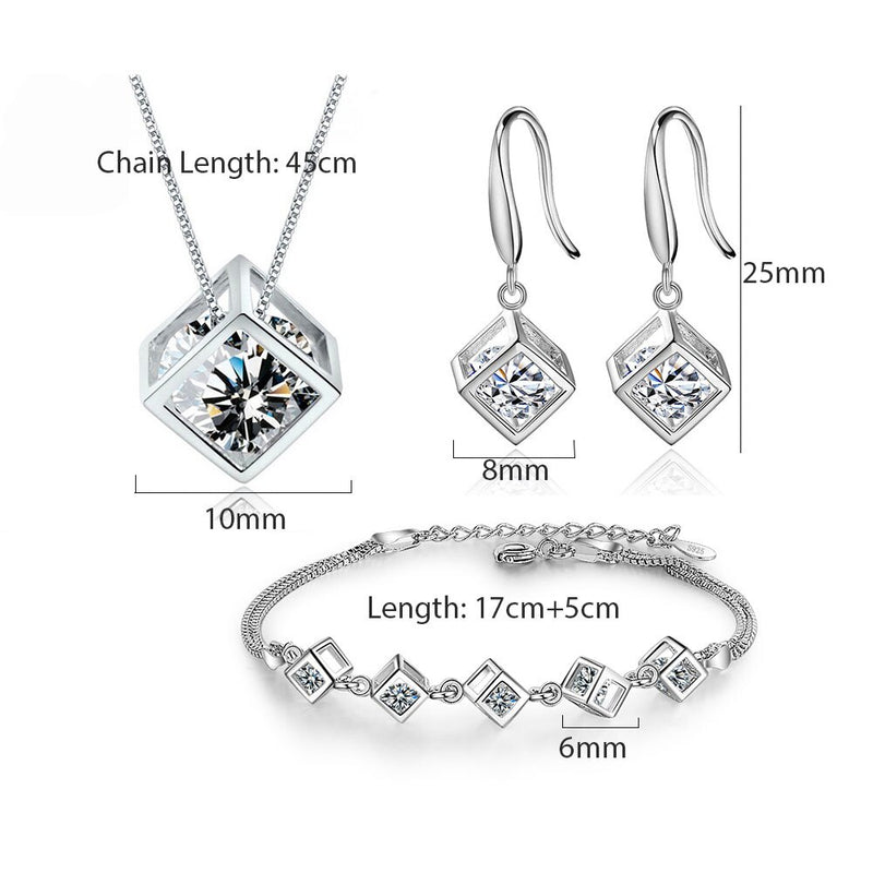 ANENJERY925 Sterling Silver Square Cube Zircon Necklace Earrings & Bracelet Jewelry Set