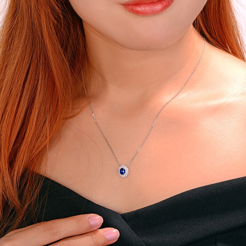 14K White Gold Natural Sapphire Pendant with 0.32ct Diamonds Necklace for Her