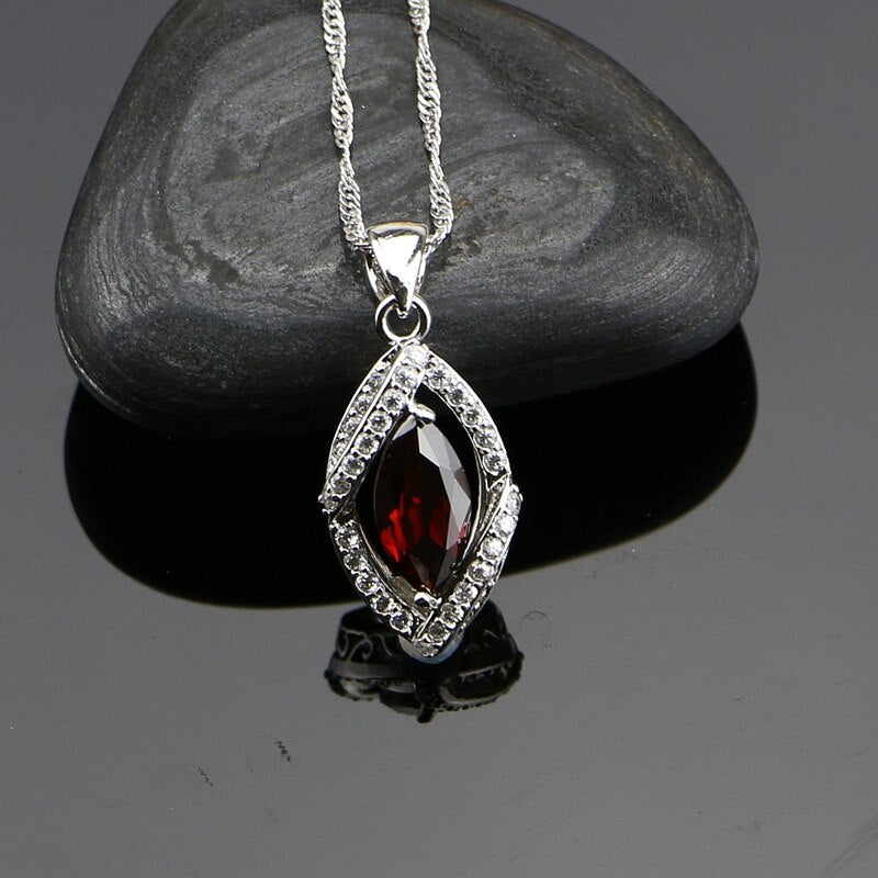 925 Sterling Silver Red CZ and White Zircon Jewelry Set for Women