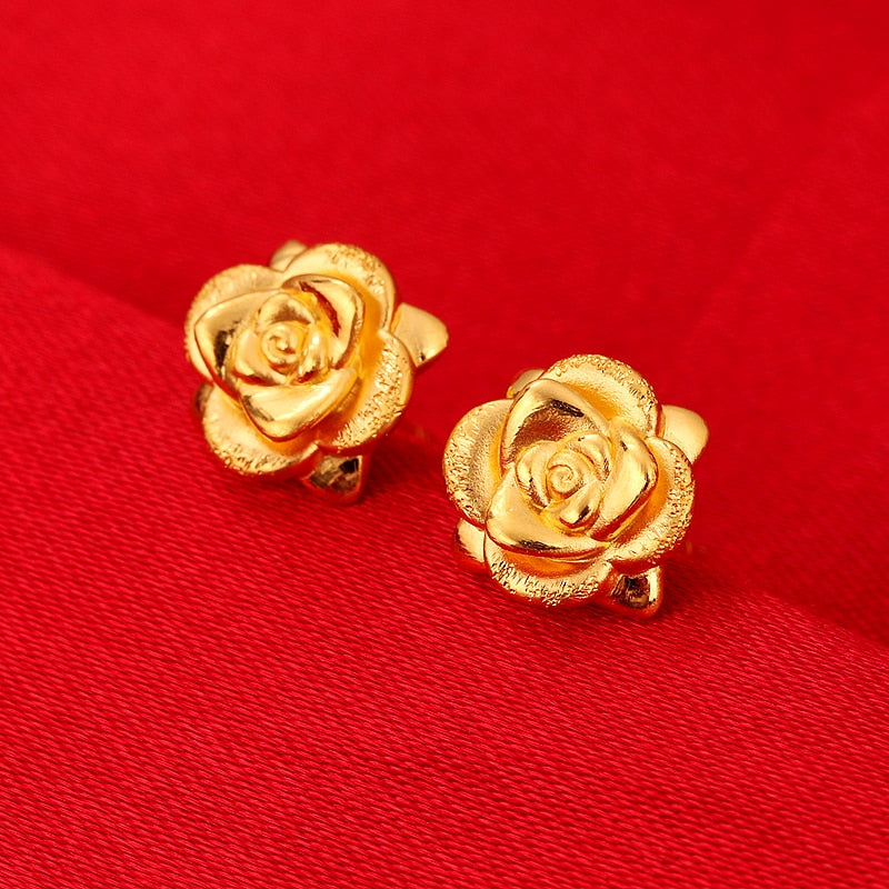 999 Pure Gold 3D Rose Earrings for Women