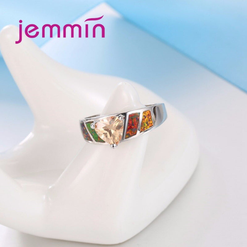 New Popular Rainbow Opal Ring for Women with Champagne Trangle Crystal Hot 925 Sterling Silver Jewelry Women Ladies Gift