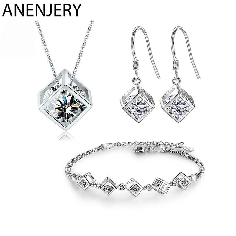 ANENJERY925 Sterling Silver Square Cube Zircon Necklace Earrings & Bracelet Jewelry Set