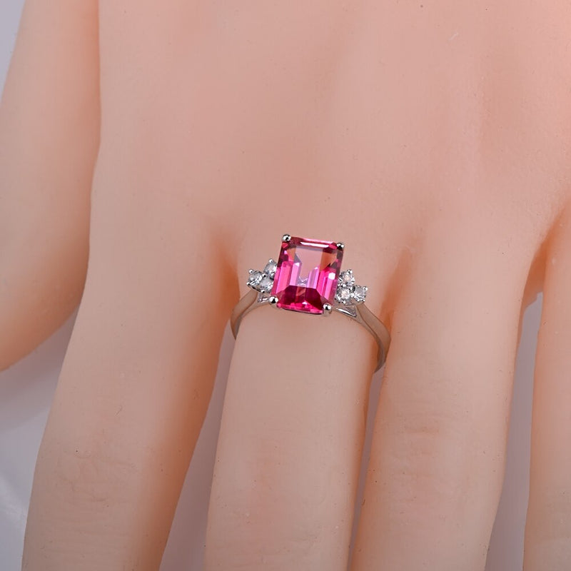 14K White Gold 2.78ct Emerald Cut Pink Topaz and 0.28ct White Sapphire Engagement Ring for Her