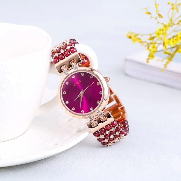 Stainless Steel Natural Garnet Stone Bracelet with 33mm Waterproof Watch for Women