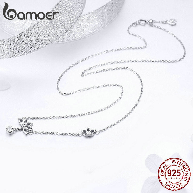 BAMOER Elegant 925 Sterling Silver Lotus Flower Pendant Necklaces for Women Clear Cubic Zircon Necklaces Jewelry BSN012