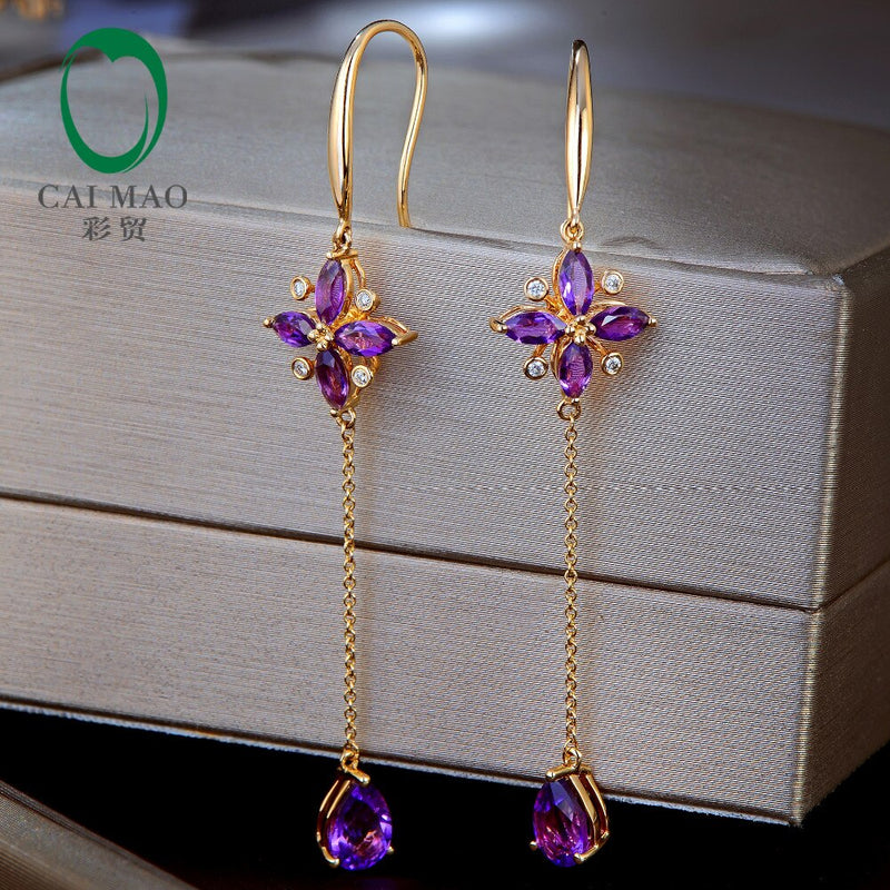 14K Yellow Gold Purple Amethyst Dangle Earrings for Women