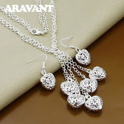 Sterling Silver Heart Tassel Necklace and Earring Set for Women