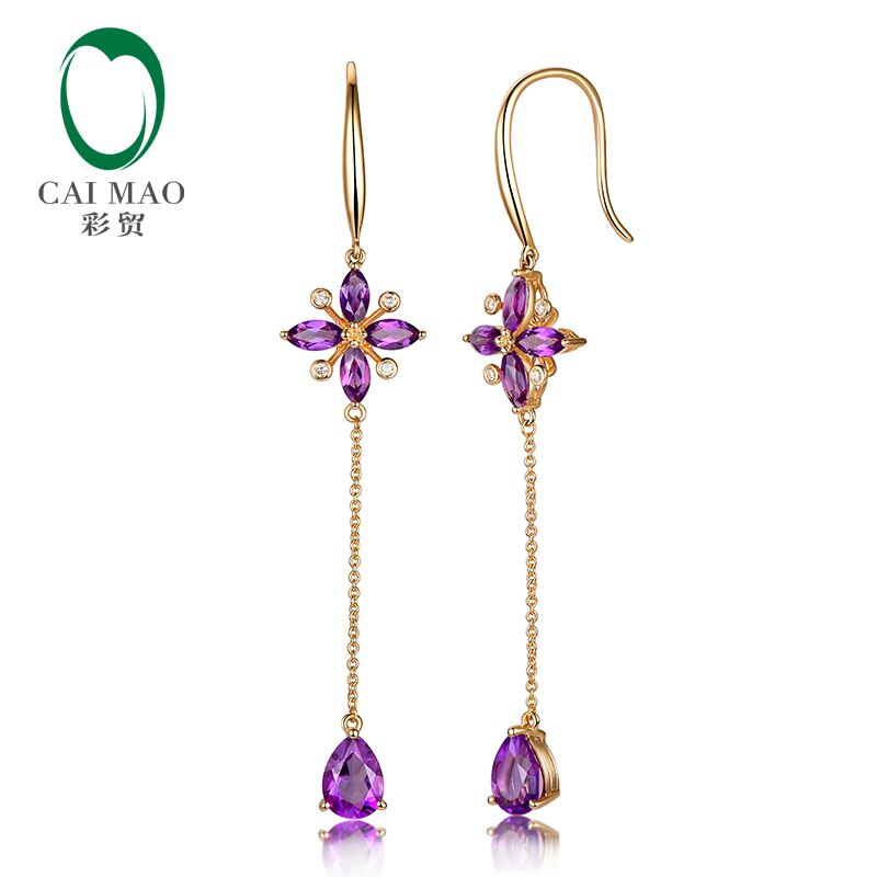 14K Yellow Gold Purple Amethyst Dangle Earrings for Women