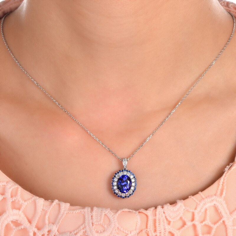 White Gold Tanzanite & Diamond Sapphire Pendant for Her