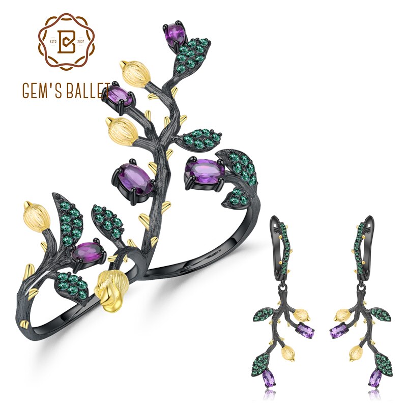 Sterling Silver Amethyst Cocktail Ring and Earrings Set for Women