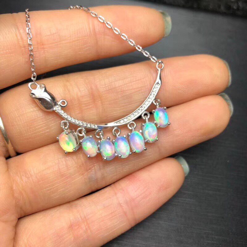 925 Sterling Silver Natural Colorful Opal Necklace