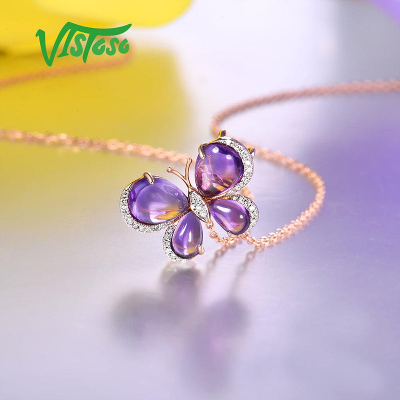 14K Rose Gold Amethyst and Diamond Butterfly Pendant for her