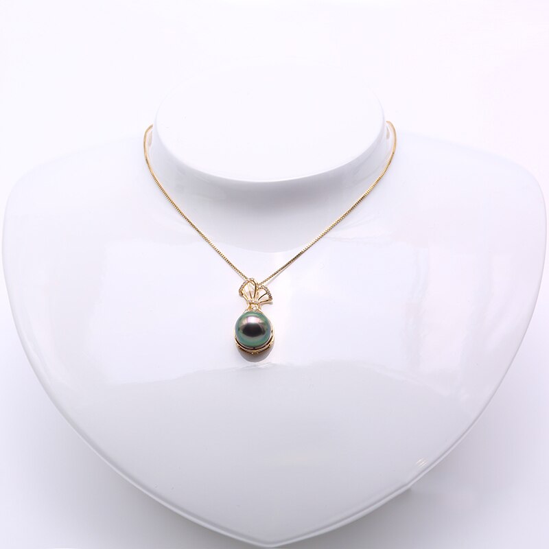 JYX 18K Gold Green Tahitian 11mm Pearl Pendant Necklace with Diamonds