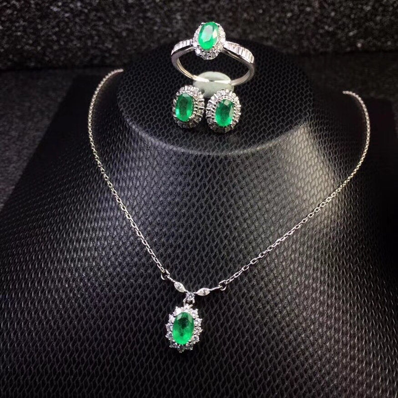 Sterling Silver Columbian Emerald Ring Earrings & Necklace Jewelry Set for Women