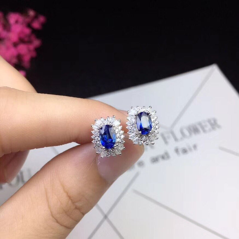 Uloveido 925 Sterling Silver Natural 4*6mm*2 Pcs Blue Sapphire Earrings