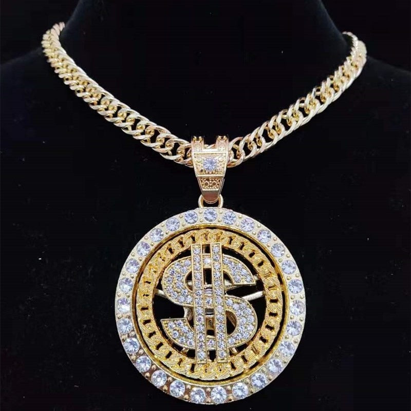 Silver Iced Out Bling Rotatable Dollar Pendant Necklace with 13mm Crystal Cuban Chain for Men