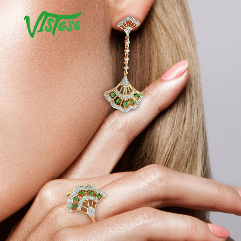 VISTOSO Genuine 14K 585 Yellow Gold Magic Emerald Sparkling Diamond Ring