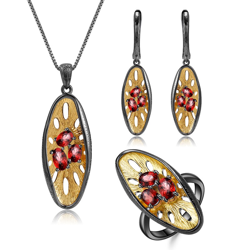 GEMS BALLET 925 Sterling Silver Natural Garnet Irregular Hollowing Out Ring Earrings & Pendant Jewelry Set