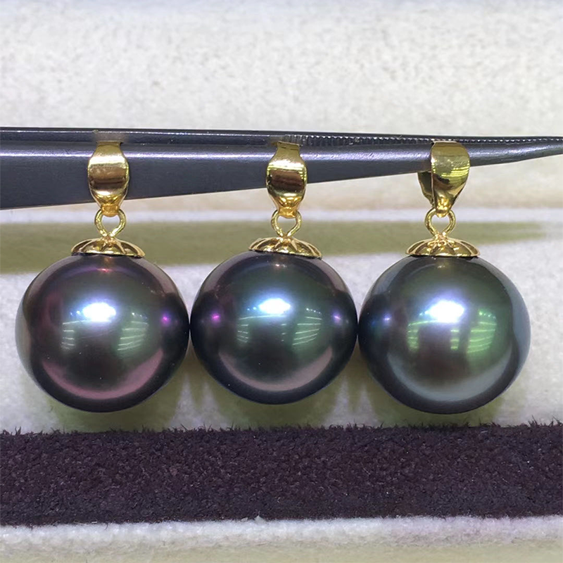 18k Gold Tahitian Black Pearls Pendant for Women