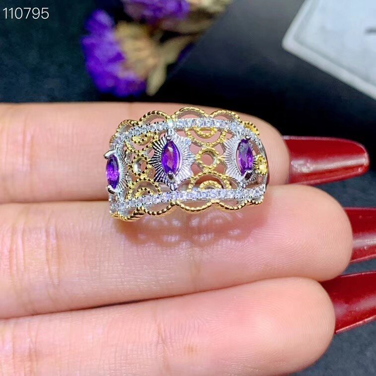 925 Sterling Silver Plated Gold Natural Amethyst Ring