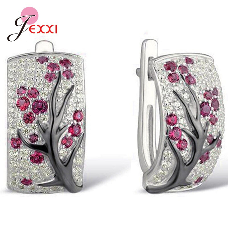 Ethnic 925 Sterling Silver Cubic Zirconia Tree Hoop Earrings
