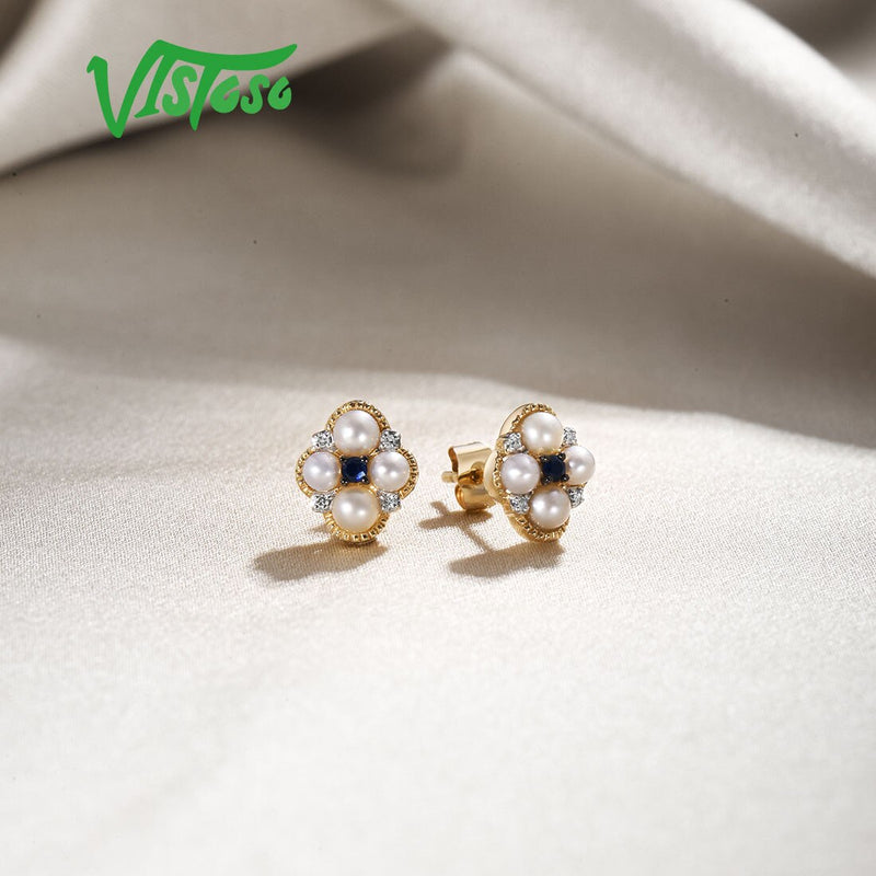 14K Yellow Gold Blue Sapphire & Freshwater Pearl Diamond Earrings for Women